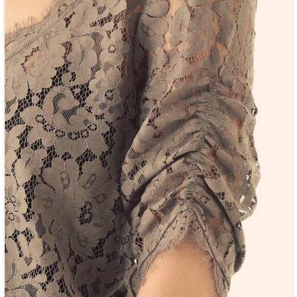 Joie Sz S Olive Brown Deep V Sheer Scalloped Eyelash Lace Top Blouse Ruched - Picture 4 of 12